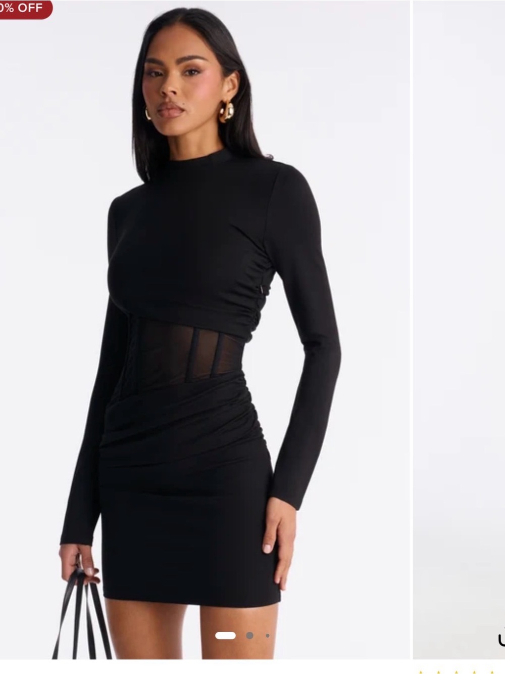 Fashion Nova Black Long Sleeve Ruched Mesh Waist Mini Dress